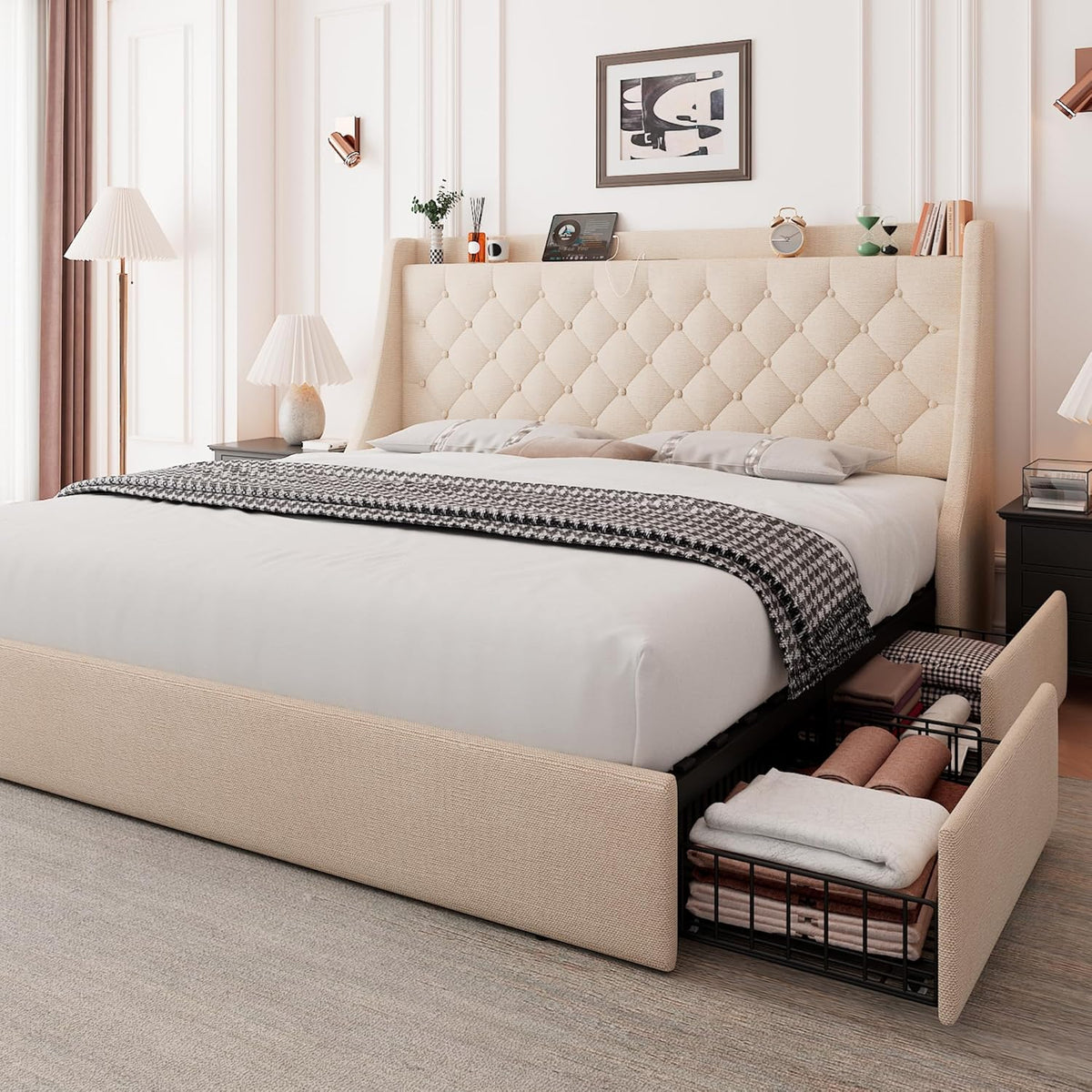 A super-large bed frame with storage drawers, equipped with a charging station and a fringed wing-style storage headboard. No need for a spring bed frame. Easy to assemble. In beige color scheme.