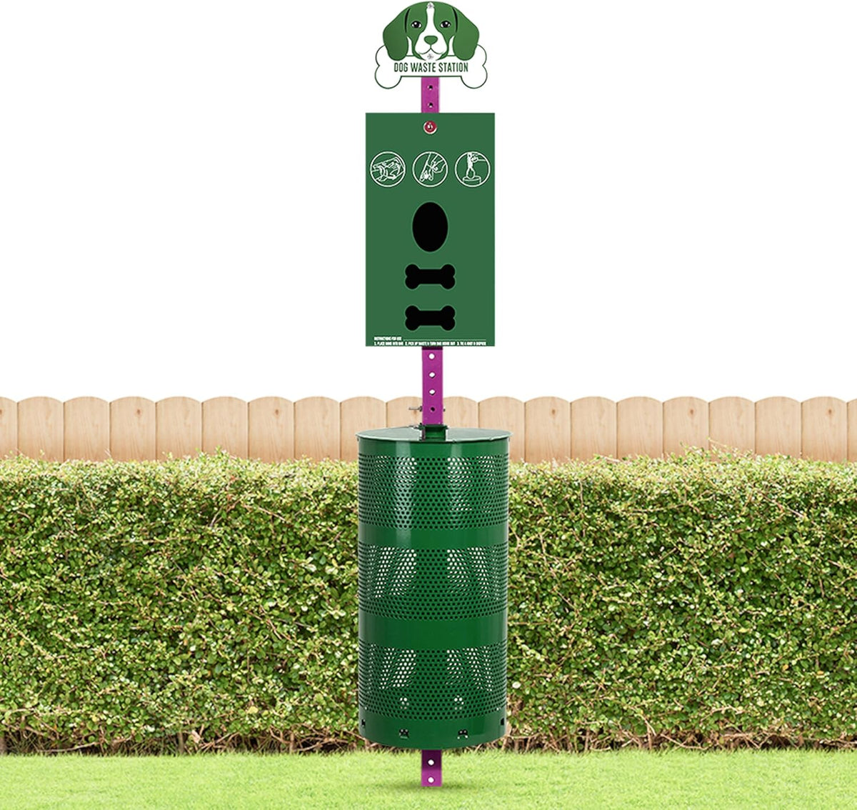 Outdoor version of dog feces collection station - Pet feces collection station with feces bag dispensers - Dog-shaped sign - Large trash can 400 rolls, 200 ziplock bags and 50 reusable bags - Outdoor pet feces collection system