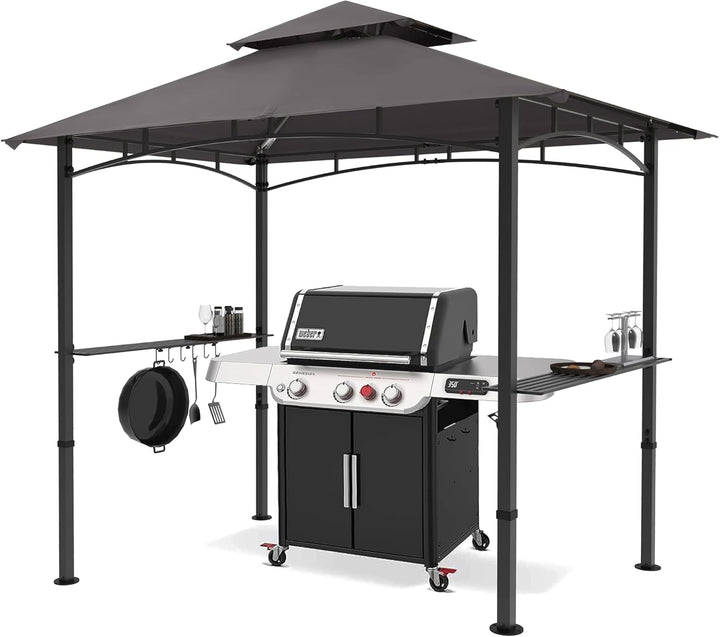 Bar pavilion-style outdoor barbecue shelter 8 feet by 5 feet, double-layer outdoor barbecue shelter canopy with LED lights (gray)