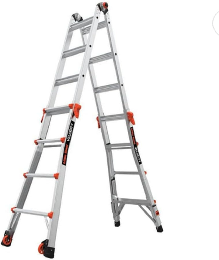 17-foot foldable multi-position ladder, made of aluminum, with a load capacity of 300 pounds, 1A type super heavy-duty, 18-foot extension length, equipped with a ratchet leveling device and wheels