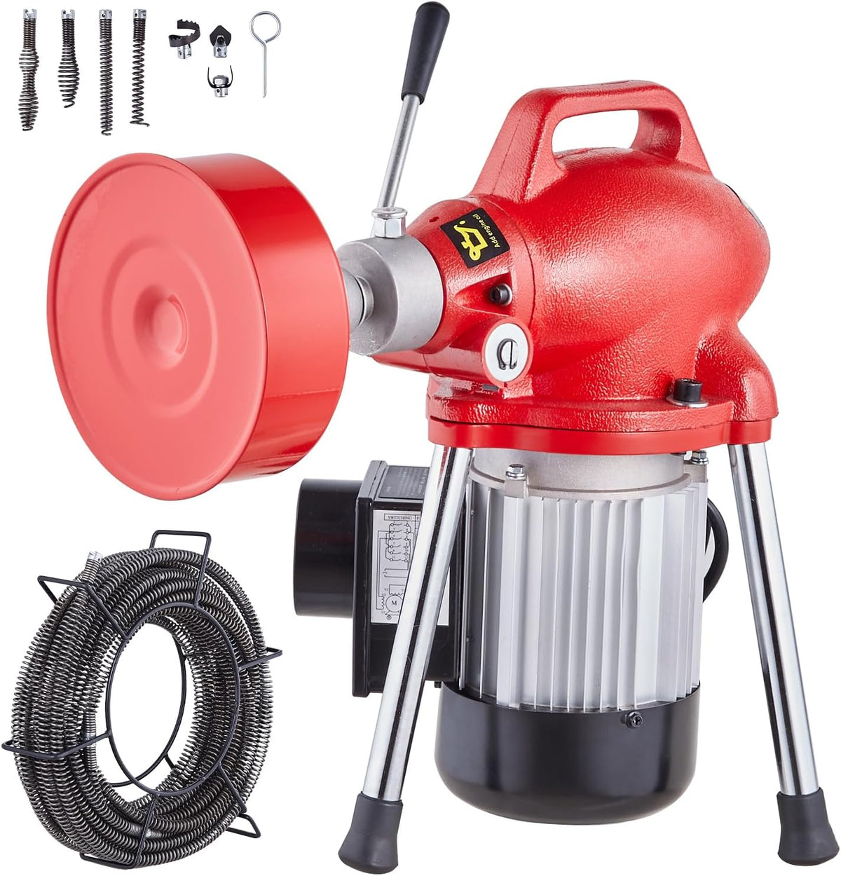 Segmented sewer cleaning machine 66 feet x 5/8 inches, 250-watt electric sewer unclogger with manual feeder - equipped with 2 steel cables, 7 cutters and clockwise/counterclockwise control device, suitable for 1.6-inch to 4-inch pipes.