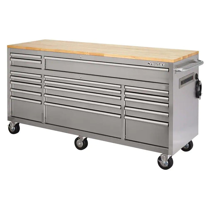 72 in 18-Drawer 24 in. D Mobile Workbench with Solid Wood Top Stainless Steel