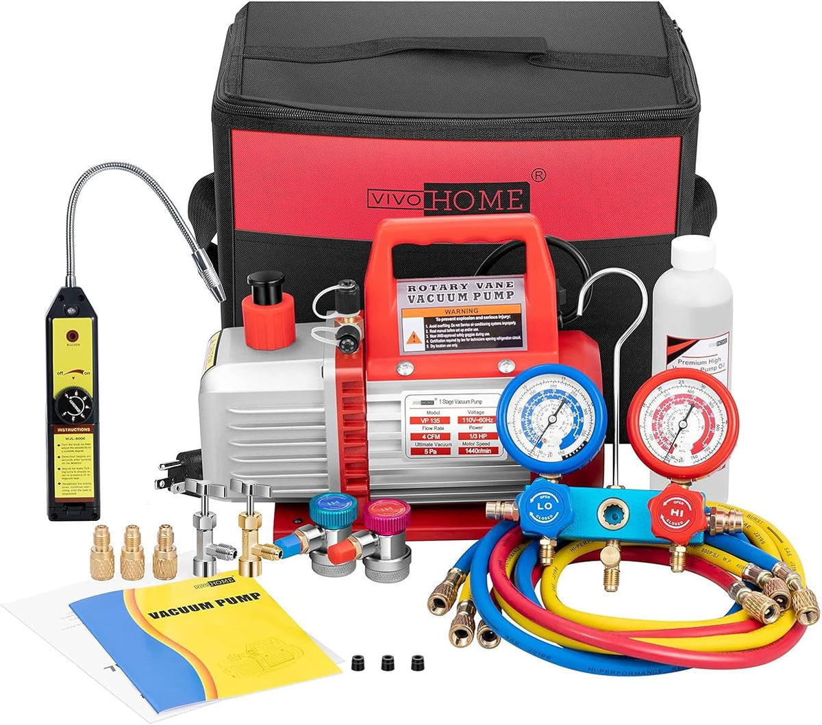 A single-stage rotary vane air vacuum pump with 110V, 1/3 horsepower and 4 cubic feet per minute, as well as an R134a AC manifold pressure gauge kit (with leak detector carry bag), is suitable for HVAC refrigeration and charging applications.