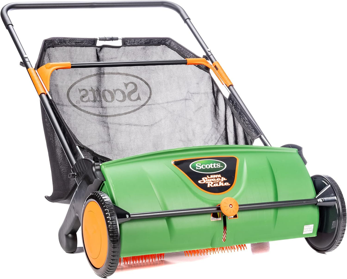 Push-type lawn sweeper, with a sweeping width of 26 inches and a dust collection bag capacity of 3.6 gallons.