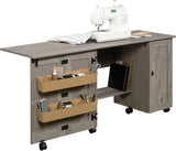 Craft Cart Storage Cabinet, Rolling Sewing Table with Expandable Top, Mystic Oak