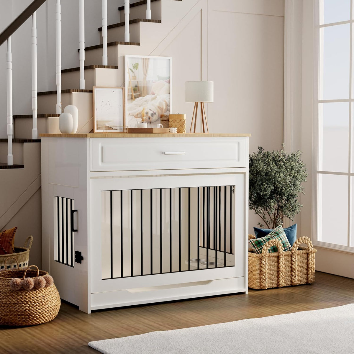 Wooden dog cage furniture, indoor kennel, with flip-up door, 360° rotating dog bowl and storage drawer, suitable for medium to large-sized dogs, durable dog cage, white.