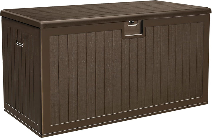 150-gallon double-tiered storage box, equipped with partitions and side handles, suitable for outdoor large storage purposes, can hold patio furniture cushions and garden pool accessories, waterproof and lockable.