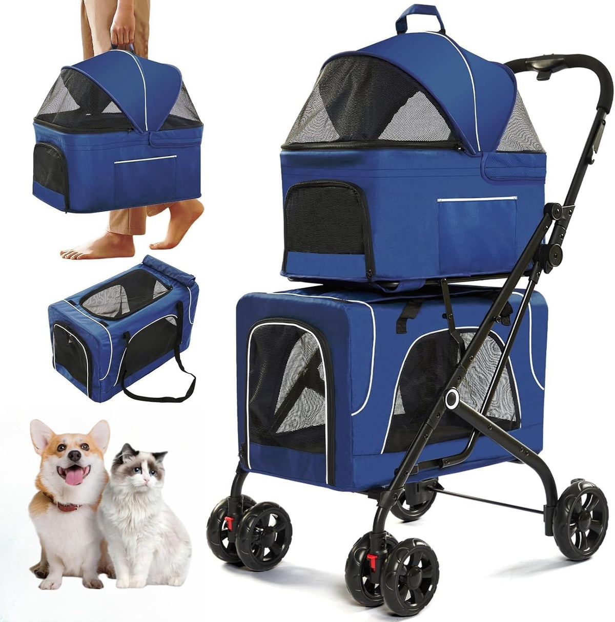 Double Dog Stroller for 2 Dogs, Detachable Carriers, Safety Belt, Lockable Wheels, Pet Travel Carrier Strolling Cart, Folding Cat Stroller for Small Medium Pets Dogs (Blue)