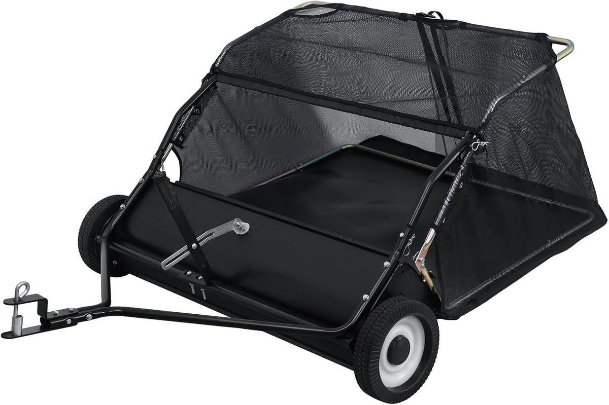 44-Inch Tow Behind Lawn Sweeper, Heavy Duty Yard Sweeper with Dumping Rope Rubber Wheels, Adjustable Sweeping Height Large Capacity Leaf Grass Collector (Black)