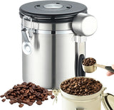1.8 litre sealed coffee container, portable vacuum coffee storage container, stainless steel spoon with one-way exhaust valve, date tracker and coffee spoon, suitable for coffee shop accessories, coffee beans, tea.